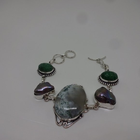 Gorgeous "BARICSITE JASPER, BIWA PEARL, JADE" Handmade Sterling Bracelet - Picture 1 of 3